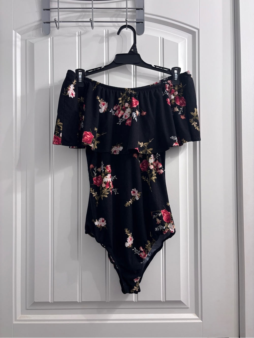 Off-Shoulder Floral Black Bodysuit